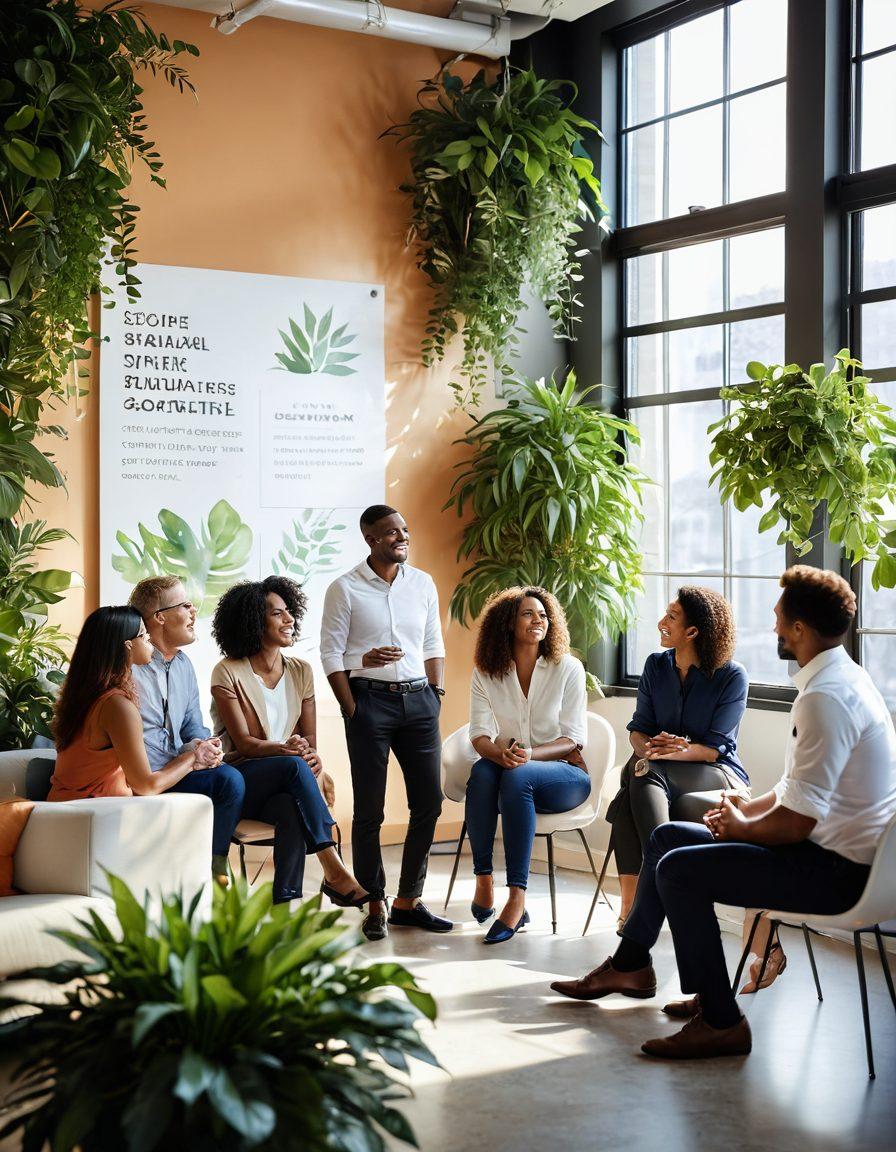 A diverse group of professionals engaged in a warm conversation in a modern office, showcasing smiles and supportive gestures, surrounded by plants and motivational quotes on walls. Soft sunlight streaming through large windows, highlighting a sense of community and encouragement. A sense of collaboration and professional growth in the atmosphere. vibrant colors. super-realistic. 3D.