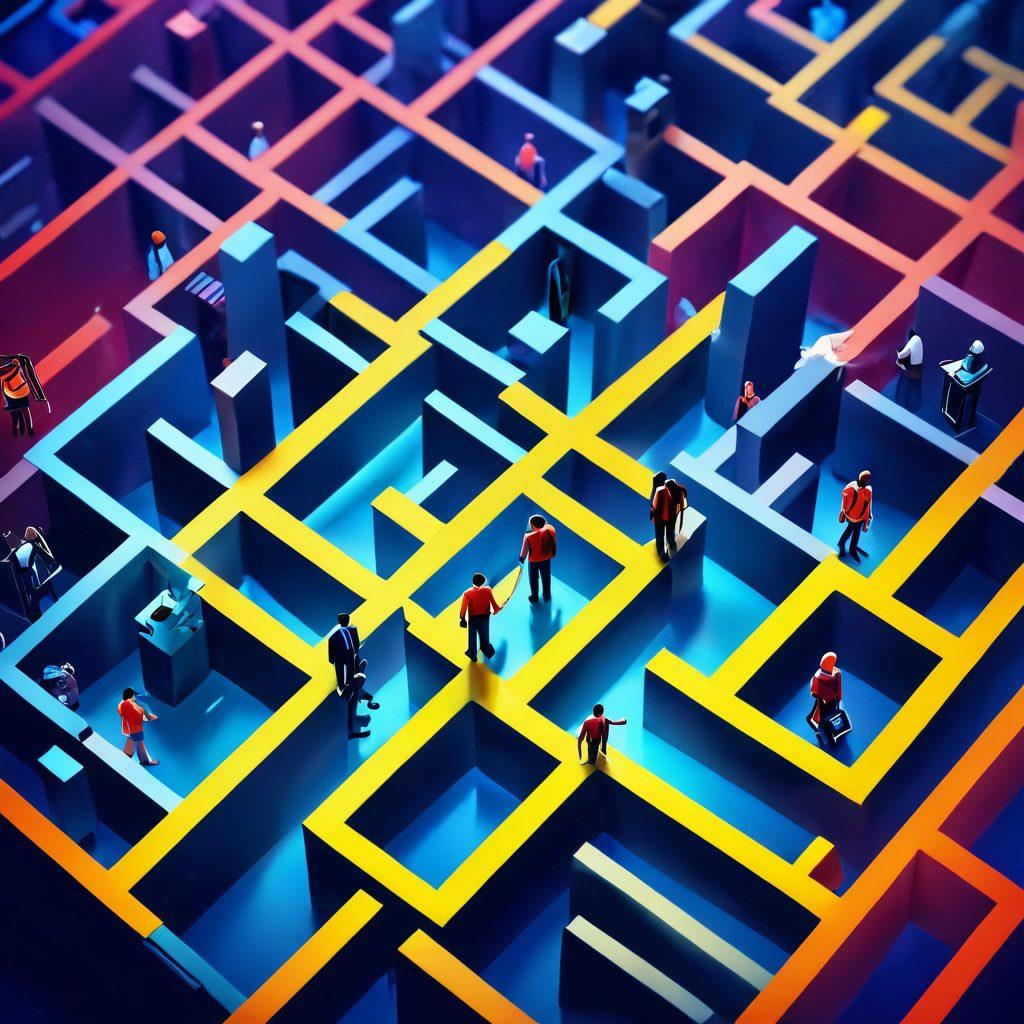 A diverse group of professionals navigating a metaphorical maze representing workplace culture, with elements like office buildings, teamwork, and communication symbols scattered throughout. Brightly lit pathways symbolize success, while shadowy areas represent challenges in job verification. Include various job roles and expressions of collaboration and ambition. super-realistic. vibrant colors. 3D.