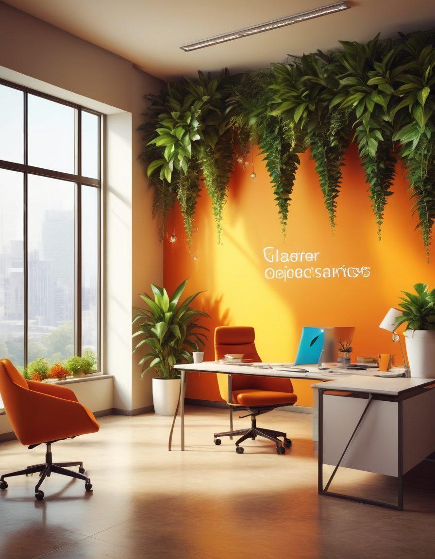 A dynamic office environment showcasing employees collaborating passionately, exchanging ideas with bright expressions; a visual representation of career growth through upward arrows and flourishing plants in the background, symbolizing development and success. super-realistic. vibrant colors. warm tones.